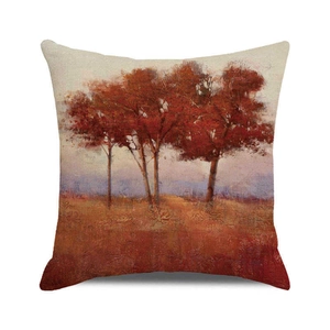 Detail of oil painting style autumn red leaves printed on square linen pillowcase