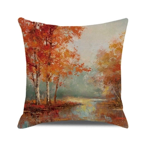 Detailed texture of cotton linen cushion cover with autumn landscape oil painting