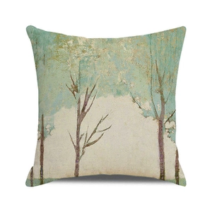 Detailed texture of linen throw pillow cover featuring impressionist autumn tree painting