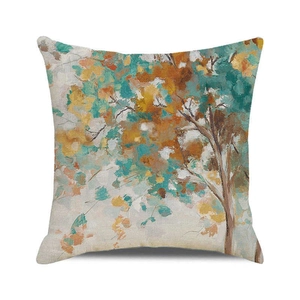 Detailed view of autumn forest tree pattern on linen texture throw pillow cover