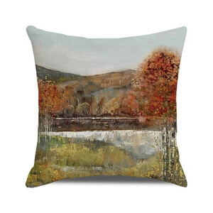 Detail of autumn forest landscape oil painting on square linen throw pillow cover