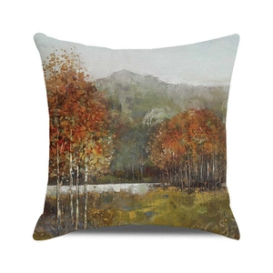 Close-up of autumn forest oil painting texture on square linen cushion cover