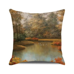 Macro detail of high-quality linen cushion cover featuring oil painting forest and swan scenery