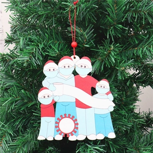 Wooden Christmas tree pendant featuring a family of five with masks for DIY names