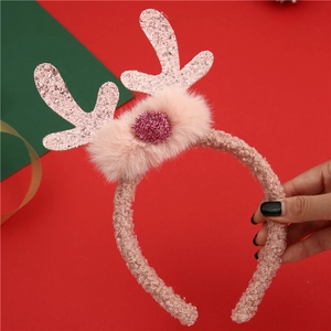 Roze glitter kerstdiadeem met rendiergewei en zachte sherpa fleece voor kerstviering