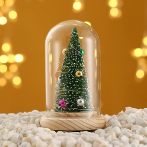 Close-up of mini Christmas tree in a glass dome with LED lights and wooden base