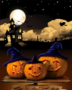 Detailed Halloween illustration featuring lighted Jack-o'-lanterns with witch hats on a stand