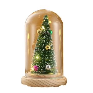 Miniature Christmas tree with LED lights in glass dome on a wooden base decor