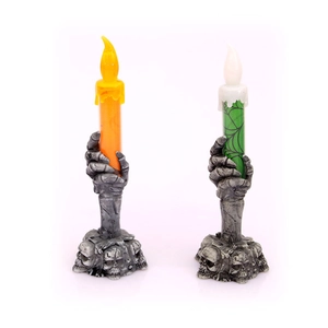 Halloween skeleton hand LED candle lights set with orange and green skull base decor