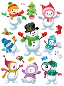 Set of static festive cartoon snowman stickers with magic hats and Christmas decor