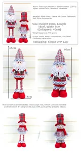 Detail showing adjustable telescopic legs on Santa and Snowman plush decor, 40cm to 58cm