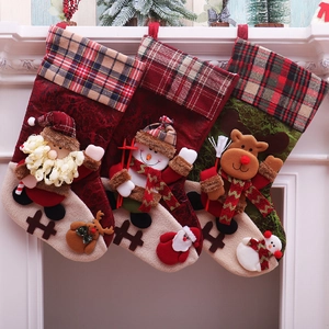 Large Christmas Stockings Plaid Fabric 3D Santa Snowman Reindeer Characters Fireplace Hanging Holiday Decoration Gift Bag