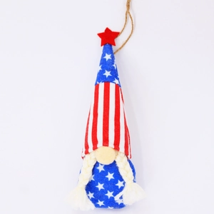 Detail of Independence Day gnome hanging ornament with red star and braided beard