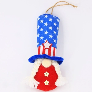 Detail of USA Independence Day gnome ornament with red stripes, stars and white braids