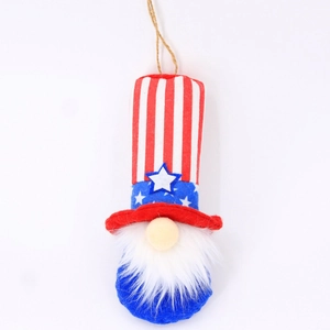 Close-up of patriotic gnome plush with striped hat and rustic rope for July 4th decor