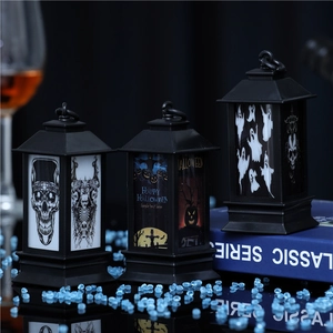 Close-up of Halloween lanterns with skeleton, pumpkin, and ghost patterns for party decor