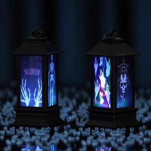 Detail of Halloween LED lantern showing blue light with ghost and skull patterns
