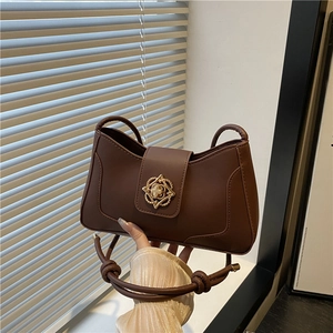 Bolso Bandolera de Cuero PU Rétro para Mujer Hebilla de Metal de Flor Minimalista Bolso de Hombro Color Sólido a la Moda