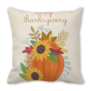 Detail of happy thanksgiving peach skin pillowcase with pumpkin and sunflower pattern