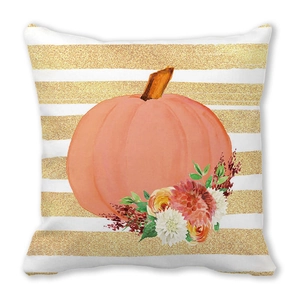 Detailed view of autumn pumpkin and floral watercolor print on soft square pillowcase