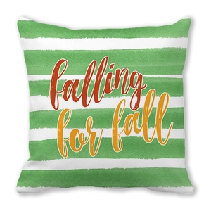 Detail of Falling for Fall typography on green striped peach skin fabric pillowcase