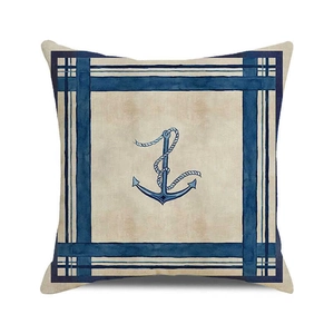 Housse de coussin nautique carrée en lin beige avec motif ancre marine bleue