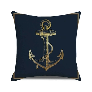 Détail de l'imprimé ancre marine sur housse de coussin carrée en coton et lin bleu