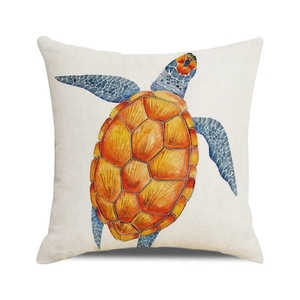 Macro shot of cotton linen cushion cover featuring a watercolor sea turtle pattern