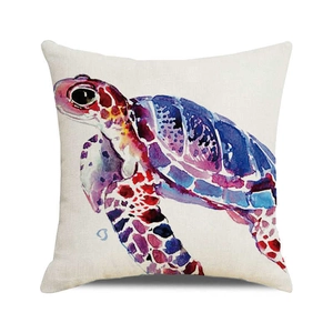 Watercolor sea turtle print decorative cushion cover made of textured linen cotton fabric