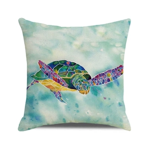 Macro detail of watercolor sea turtle artwork on high-quality square throw pillow cover
