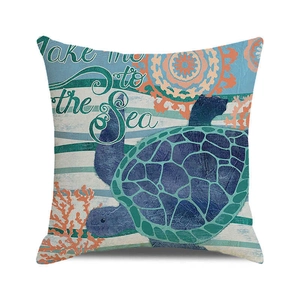 Detail of nautical square cushion cover featuring a sea turtle, coral, and mandala patterns