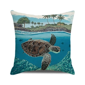 Detailed macro view of the fabric texture and watercolor sea turtle print on pillowcase