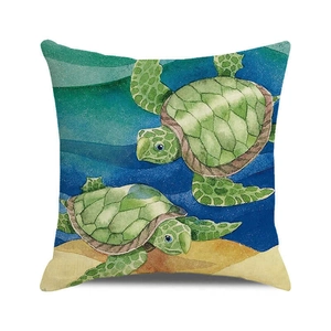 Detailed view of turtle watercolor print on linen textured decorative square pillowcase