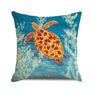 Detailed texture of square linen cushion cover with colorful artistic watercolor sea turtle