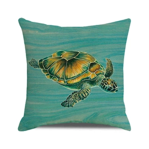 Detailed view of sea turtle print on square pillowcase with green wood grain texture