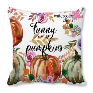 Watercolor pumpkin and autumn leaf throw pillow cover with Funny Pumpkins art print