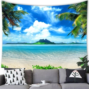 Detail of tropical beach wall tapestry featuring blue sea and palms over a sofa