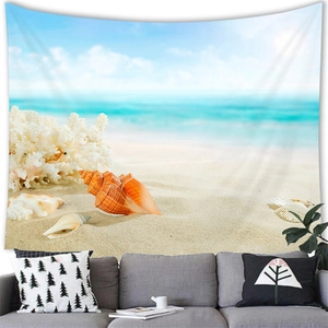 Detailed view of tropical beach tapestry with coral and shells on a soft fabric texture