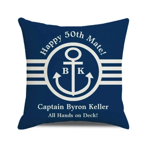 Housse de coussin nautique bleu marine avec ancre et texte personnalisé 50e anniversaire