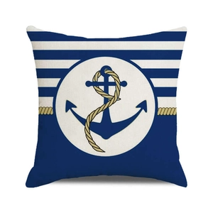 Housse de coussin marine avec ancre bleu foncé et rayures nautiques sur tissu en lin
