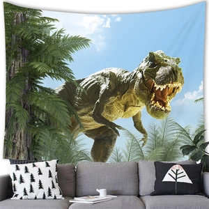Λεπτομερής όψη ταπισερί με δεινόσαυρο T-Rex πάνω από γκρι καναπέ για διακόσμηση τοίχου