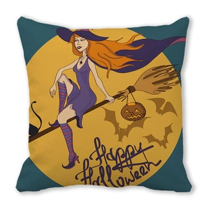 Detail of Happy Halloween pillowcase showing a cartoon witch riding a broom on fabric