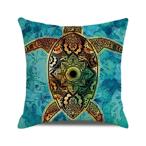 Watercolor turtle mandala cushion cover with blue leaf texture on white background