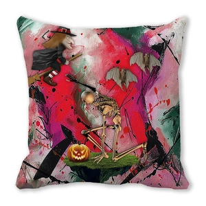 Detailed front view of Halloween pillowcase with witch, skull and pumpkin patterns
