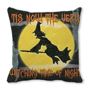 Detailed texture of peach skin Halloween pillow cover with witch and moon design
