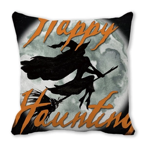 Detail of Happy Haunting Halloween cushion cover with witch silhouette on moon