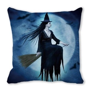 Detailed view of gothic witch on broom with moon print on a square pillow case cover