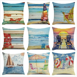 Sommer Küste Strand Nautisch Ölgemälde Leinen Deko Kissenbezug Quadratisch Kissenhülle Für Sofa Wohnzimmer Home Decor