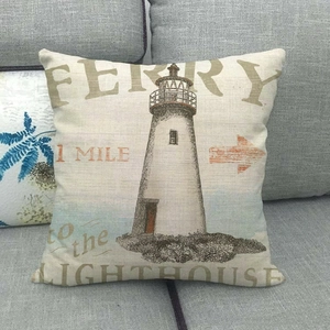 Linen lighthouse decorative pillowcase featuring nautical vintage ferry prints on sofa