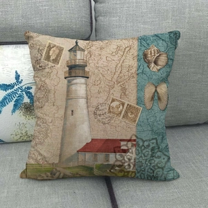 Linen cushion cover featuring watercolor nautical lighthouse and vintage map design